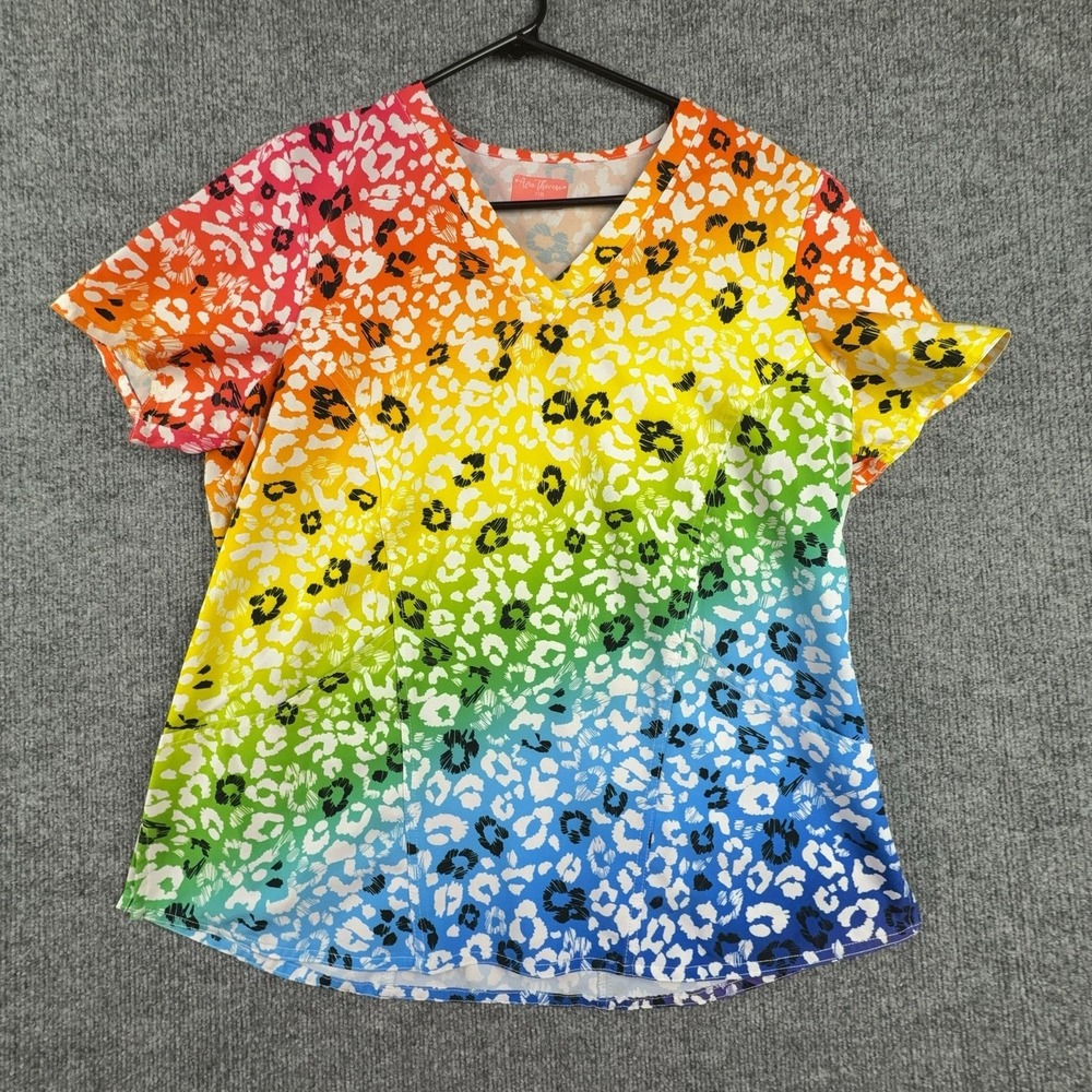 Ava Therese Blouse Womens Large Multicolor Rainbow Animal Print V Neck Tunic Top